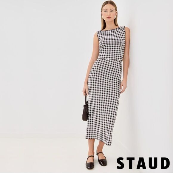 STAUD **NWT** Montgomery Cropped Knit Tank in Chocolate Brown Gingham - Picture 13 of 14